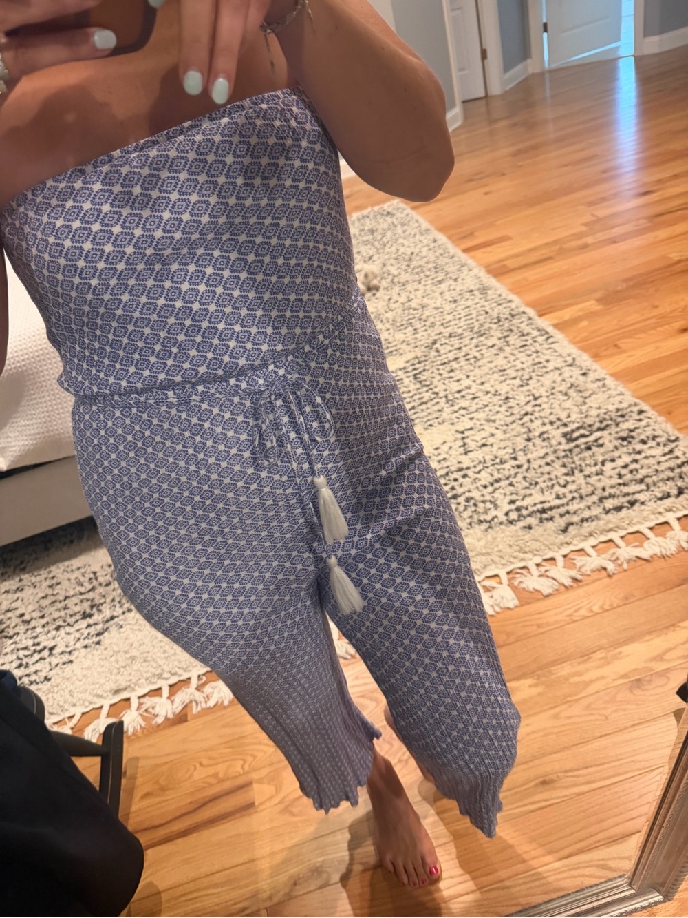 Strapless Blue Patterned Jumpsuit with Tassel Tie